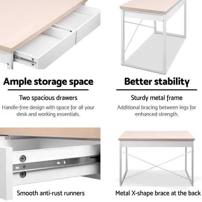 Metal Desk with Drawer - White with Wooden Top -Home Living Store - -