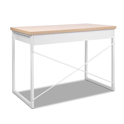 Metal Desk with Drawer - White with Wooden Top -Home Living Store - -