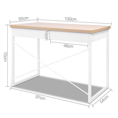 Metal Desk with Drawer - White with Wooden Top -Home Living Store - -