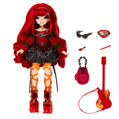 A red-haired doll dressed in a black and red outfit with orange leg armor, shown with matching accessories including sunglasses, a bowl, a small purse, a red guitar, on a white background.