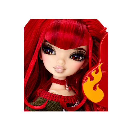 A close-up of a doll with long bright red hair, large bright eyes, and a red choker, shown against a white background with a red-and-yellow flame graphic on the right side.