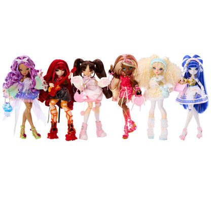 Six fashion dolls standing side by side on a plain white background, each with long colorful hair and elaborate outfits in purple, red, pink, peach, cream, and blue.