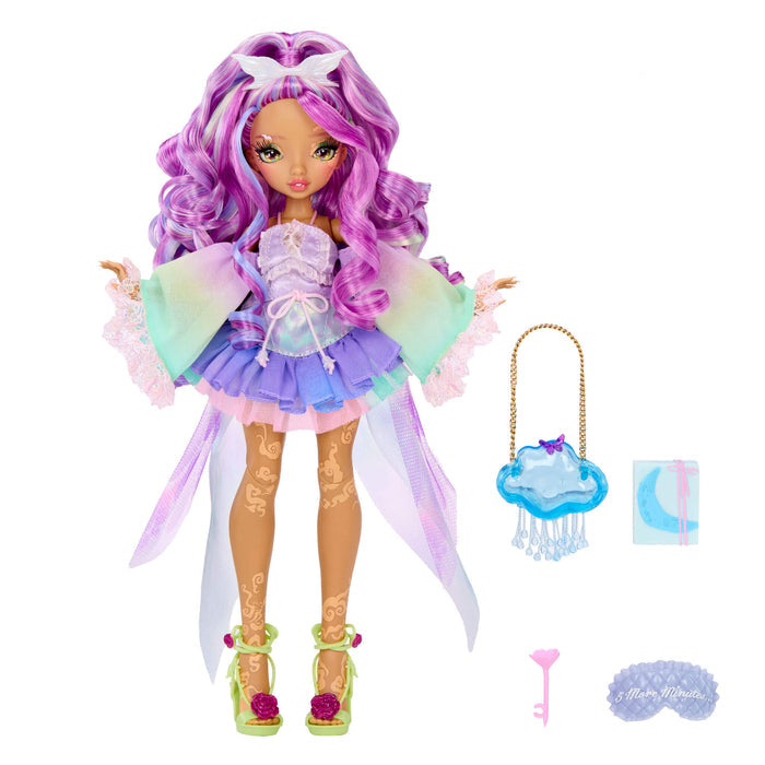 Doll with long wavy purple hair, wearing a pastel multicolor dress and lace-up shoes, shown with matching accessories including a cloud-shaped purse, key, and sleep mask on a white background.