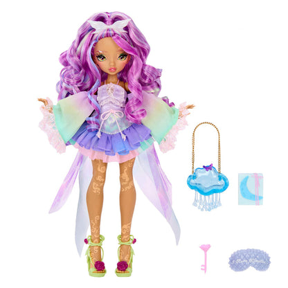 Doll with long wavy purple hair, wearing a pastel multicolor dress and lace-up shoes, shown with matching accessories including a cloud-shaped purse, key, and sleep mask on a white background.