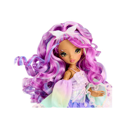 A doll with long, wavy pastel purple, pink, and blue hair, wearing a light pastel dress with a white bow headband, isolated on a white background.