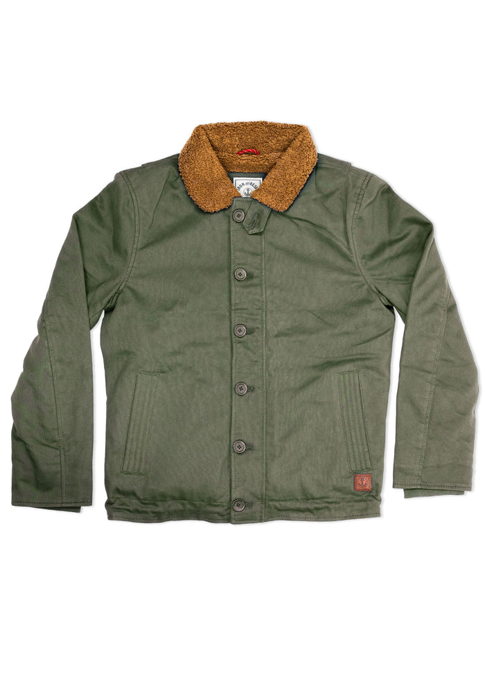 Green jacket with brown sherpa collar, button front, and two pockets. Casual outerwear for cool weather.