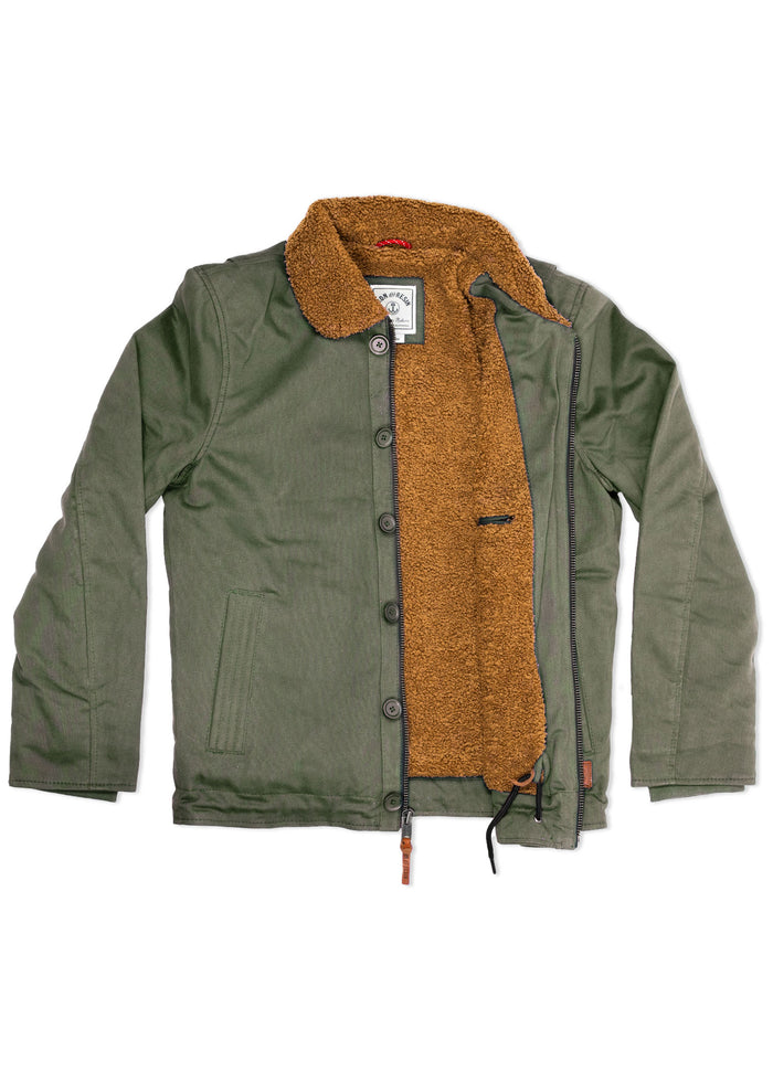 Green jacket with brown fleece lining, button closure, and collar. Open to show interior texture and design details.