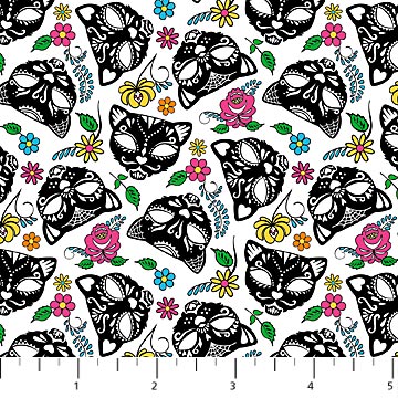 Nine Lives White Cat Skull Fabric, Northcott