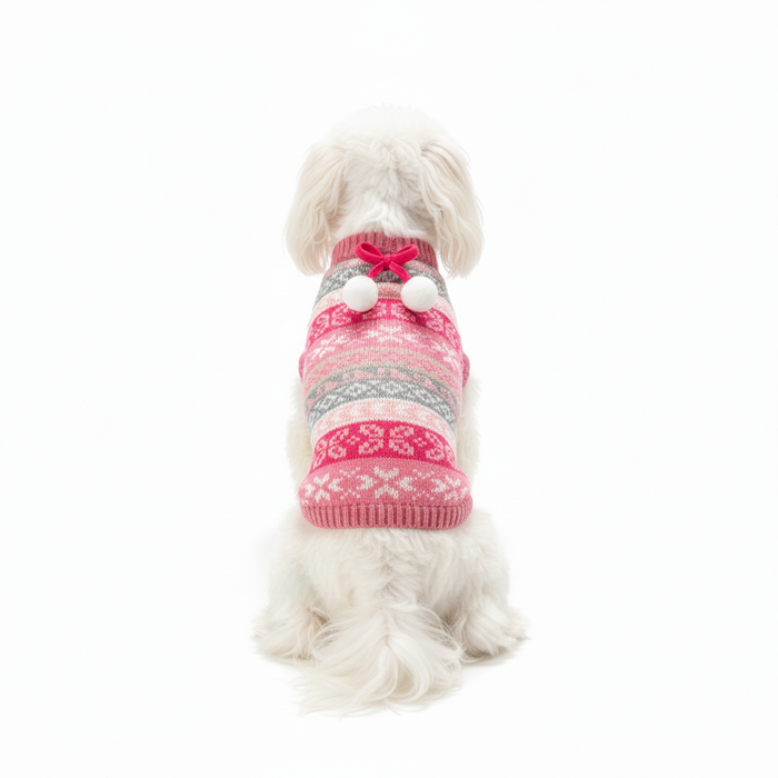 Small Dog in Pink Norwegian Sweater - Back View Showing Pom Poms
