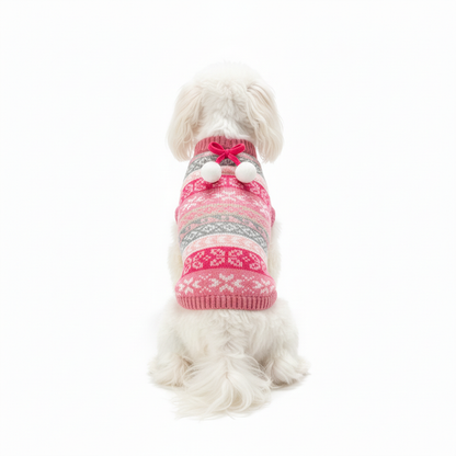 Small Dog in Pink Norwegian Sweater - Back View Showing Pom Poms