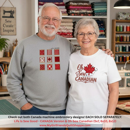 Man and woman standing together in a sewing room with embroidery designs displayed.