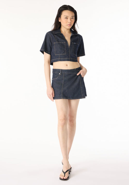 Buffalo Women Shorts Navy Denim Skorts/Scooters Stretch Mini Skirt Button Closure