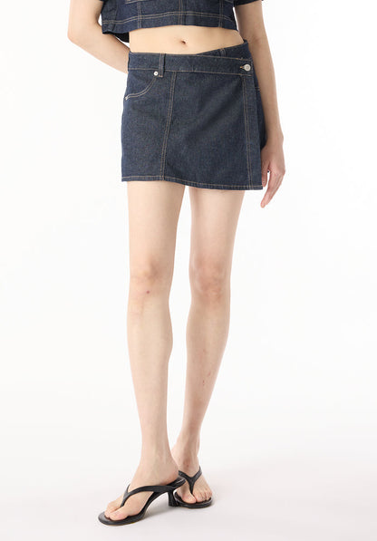 Buffalo Women Shorts Navy Denim Skorts/Scooters Stretch Mini Skirt Button Closure
