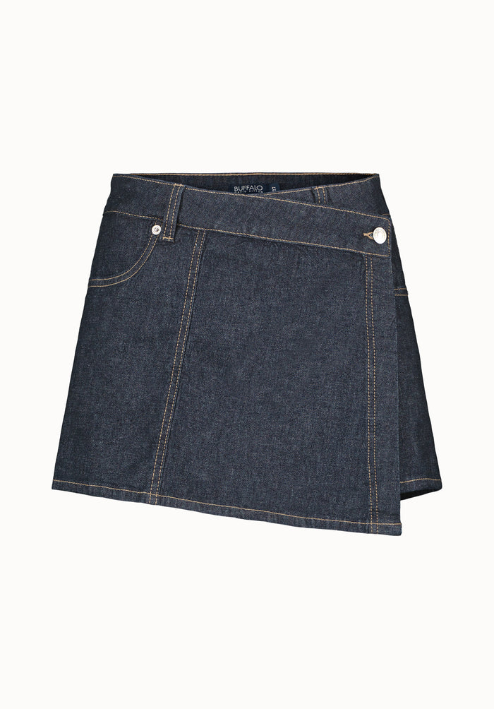 Buffalo Women Shorts Navy Denim Skorts/Scooters Stretch Mini Skirt Button Closure