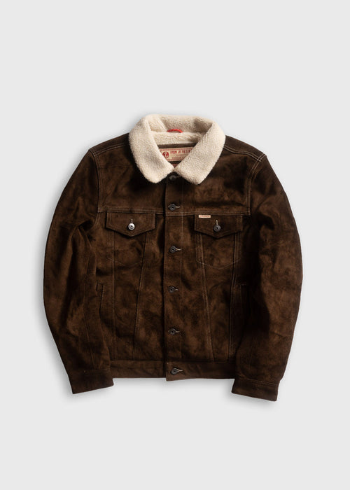 Brown suede jacket with a white shearling collar, buttoned front, and chest pockets, laid flat on a plain background.