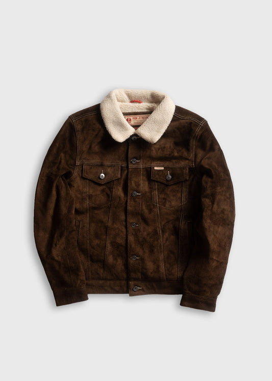 Brown suede jacket with a white shearling collar, buttoned front, and chest pockets, laid flat on a plain background.