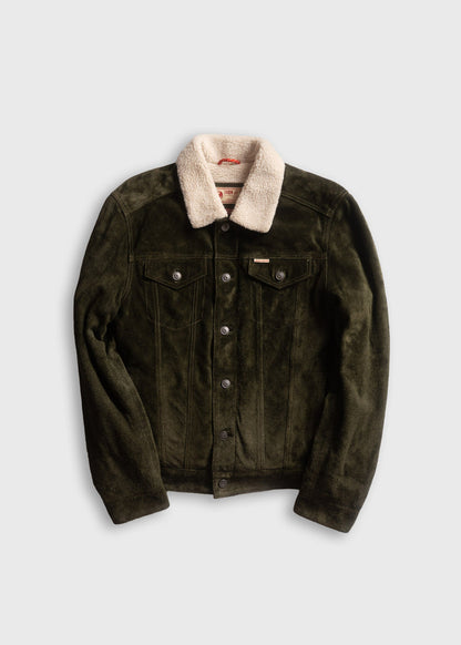 Dark green suede jacket with a soft, white sherpa collar and button closure, displayed on a plain background.