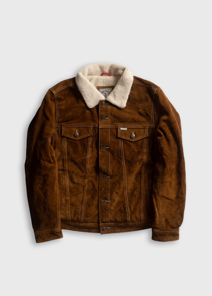 Brown suede jacket with white sherpa collar, buttoned front, and chest pockets, laid flat on a plain white background.