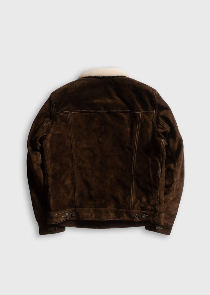 Brown suede jacket with a white shearling collar, viewed from the back, on a plain white background.