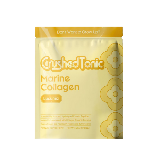 Yellow package of Crushed Tonic Marine Collagen on a white background