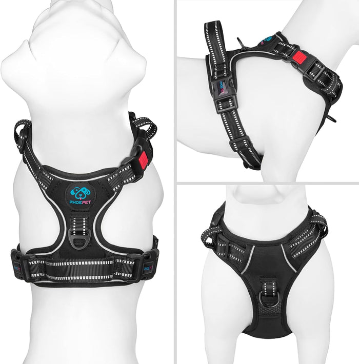 PHOEPET No Pull Dog Harnesses For Small Dogs Reflective Adjustable Front Clip Vest With Handle 2 Metal Rings 3 Buckles S Black