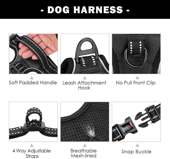 PHOEPET No Pull Dog Harnesses For Small Dogs Reflective Adjustable Front Clip Vest With Handle 2 Metal Rings 3 Buckles S Black