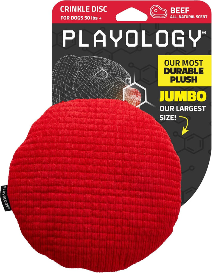Playology Plush Crinkle Disc dog toy, Large size, with an all-natural beef scent - Dog.Dog.Cat.