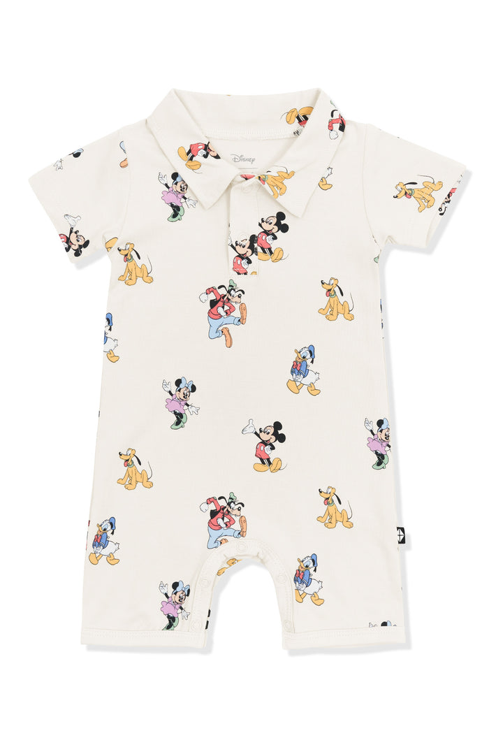 Polo Shortall with Mickey Mouse and Friends print on an oat background