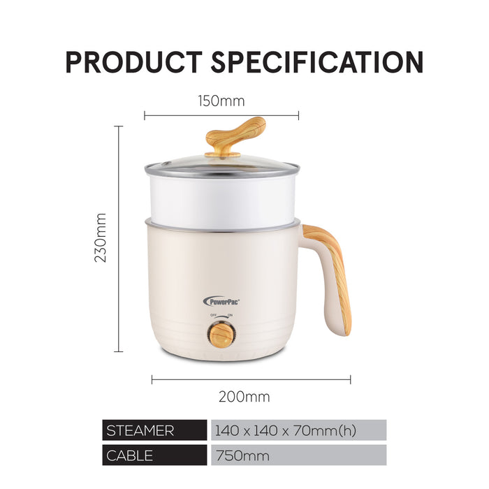 PowerPac 1.2L Stainless Steel Multi Cooker, Steamboat, Steamer (PPJ2012) White