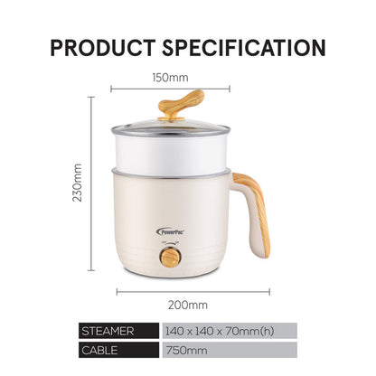 PowerPac 1.2L Stainless Steel Multi Cooker, Steamboat, Steamer (PPJ2012) White