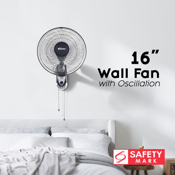PowerPac 16" Wall Fan – Adjustable Tilt, Wide Oscillation, Safe & Easy Installation, Thermal Protection, 3-Speed, black, PPWF40