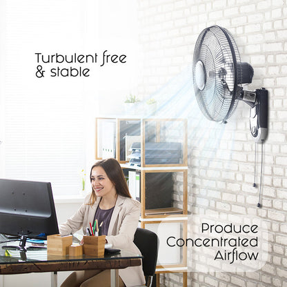 PowerPac 16" Wall Fan – Adjustable Tilt, Wide Oscillation, Safe & Easy Installation, Thermal Protection, 3-Speed, black, PPWF40