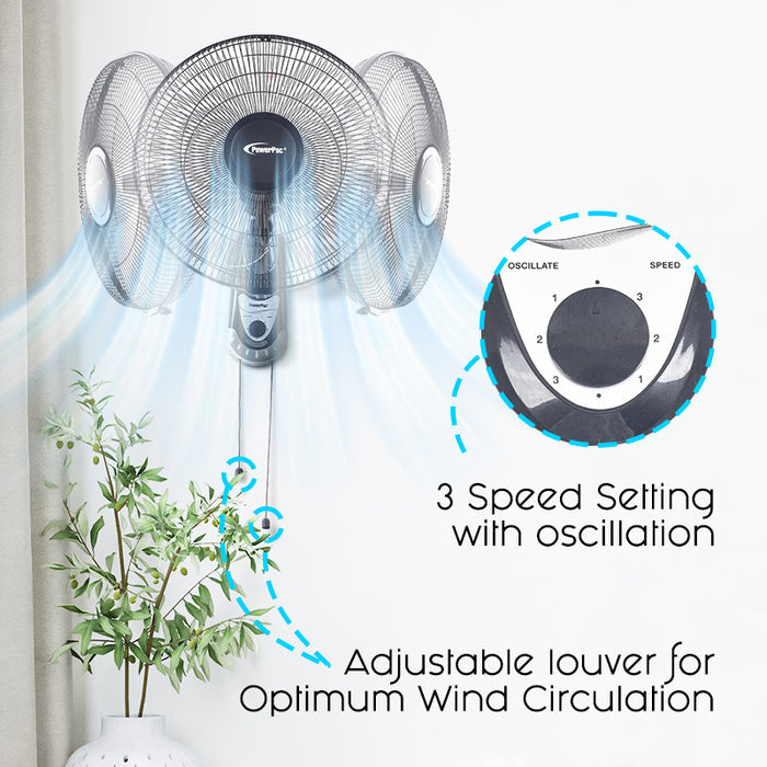 PowerPac 16" Wall Fan – Adjustable Tilt, Wide Oscillation, Safe & Easy Installation, Thermal Protection, 3-Speed, black, PPWF40