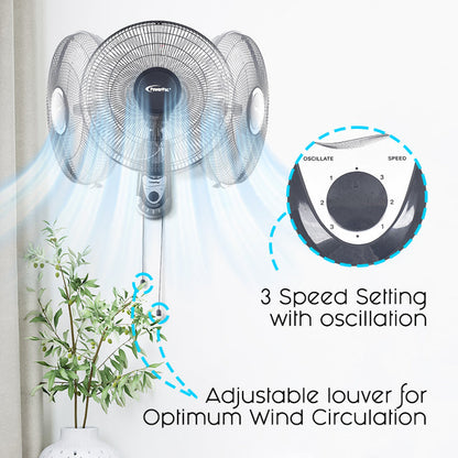 PowerPac 16" Wall Fan – Adjustable Tilt, Wide Oscillation, Safe & Easy Installation, Thermal Protection, 3-Speed, black, PPWF40