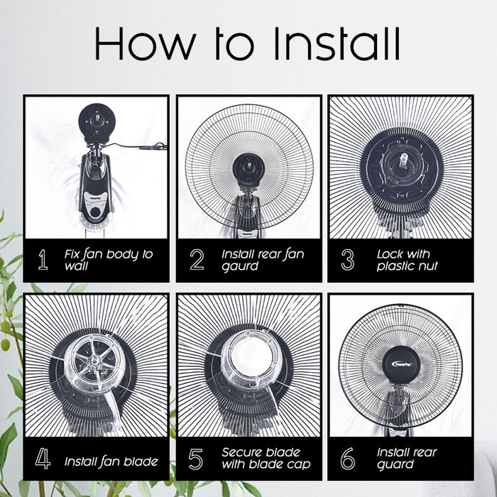 PowerPac 16" Wall Fan – Adjustable Tilt, Wide Oscillation, Safe & Easy Installation, Thermal Protection, 3-Speed, black, PPWF40
