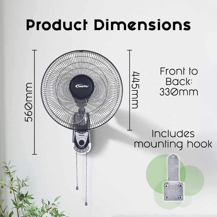 PowerPac 16" Wall Fan – Adjustable Tilt, Wide Oscillation, Safe & Easy Installation, Thermal Protection, 3-Speed, black, PPWF40
