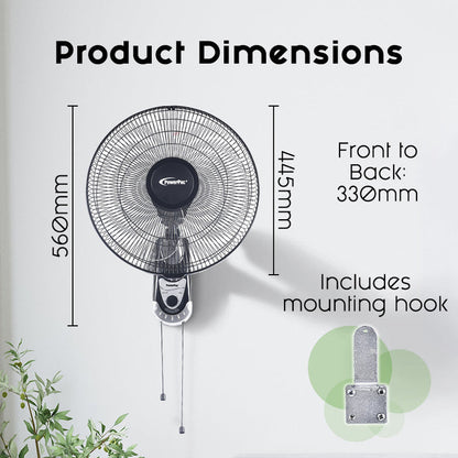 PowerPac 16" Wall Fan – Adjustable Tilt, Wide Oscillation, Safe & Easy Installation, Thermal Protection, 3-Speed, black, PPWF40