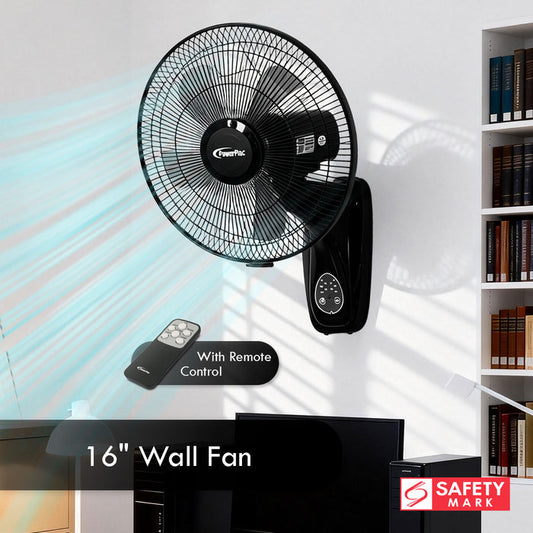 PowerPac 16" Wall Fan – Remote Control, Adjustable Tilt, Wide Oscillation, Safe & Easy Installation, Thermal Protection, 3-Speed, black, PPWF40R