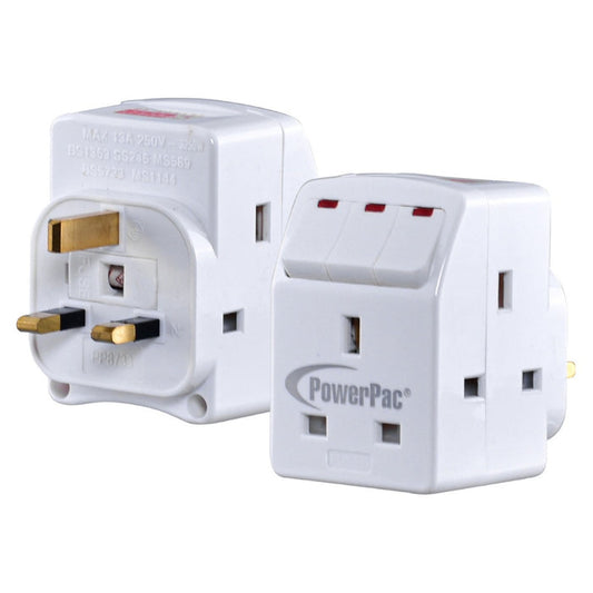 PowerPac Adapter with 3-Pin Plug – 3-Way 3-Pin Sockets with Individual Switches, Neon LED, PP8733