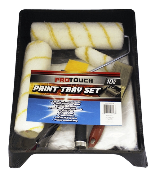 ProTouch DIY & Professional 10 Piece Paint Tray Set,  9" Roller Covers and Frame, 4" Roller Covers and Frame, Putty Knife, Drop Cloth Paint, 2"Paint Brush and 2" Foam Brush. Ideal for Any Wall, Ceiling, Textured Surface, Home or Office Painting - CH91128 MEGA