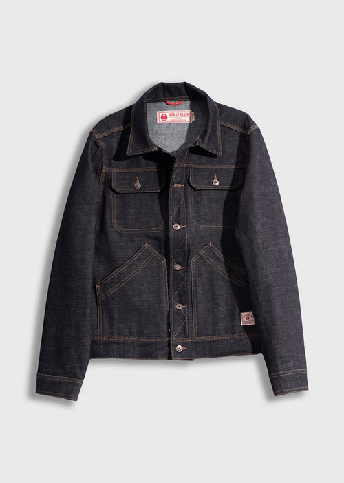 Dark denim jacket with button closure, chest pockets, and contrast stitching, displayed on a light gray background.