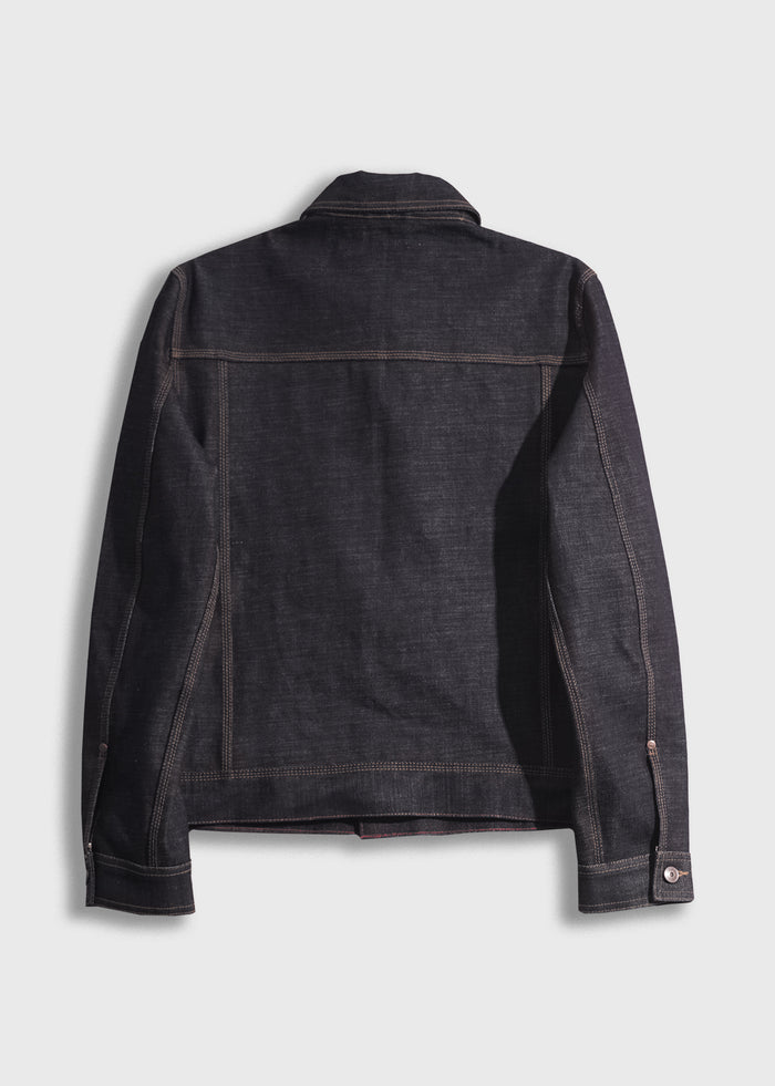 Back view of a dark denim jacket with visible stitching, buttoned cuffs, and a classic collar, set against a plain background.