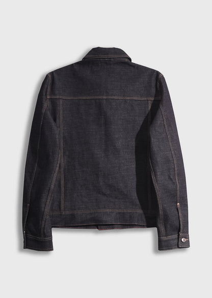Back view of a dark denim jacket with visible stitching, buttoned cuffs, and a classic collar, set against a plain background.