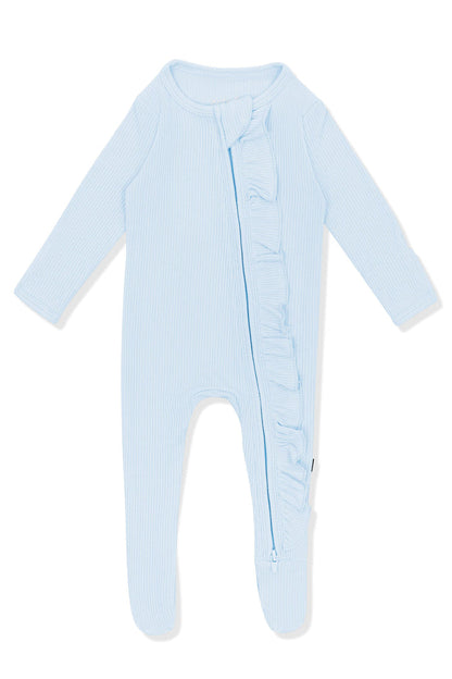 Product photo of the Ribbed Ruffle Zipper Footie in Breeze on a white background