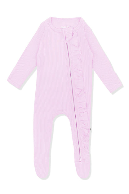 Product photo of the Ribbed Ruffle Zipper Footie in Thistle on a white surface