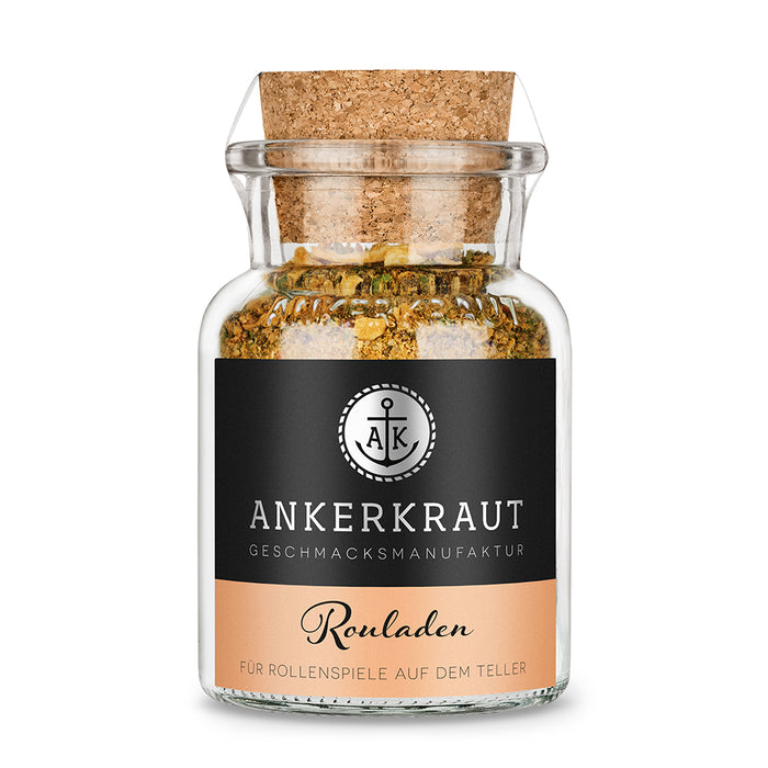 Rouladen Gewürze von Ankerkraut im Korkenglas auf weißem Hintergrund.