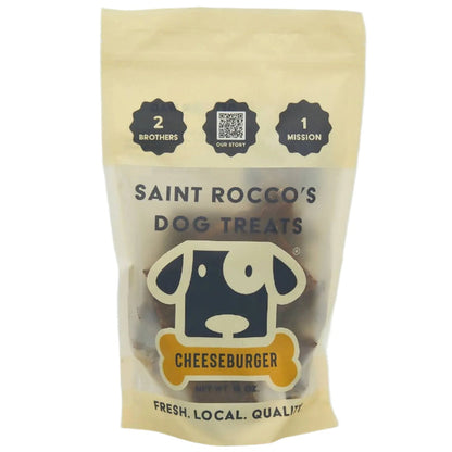 Saint Rocco's Dog Treats package for cheeseburger flavor on a light gray background