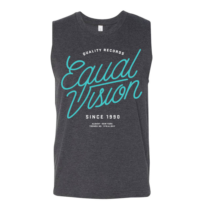 A sleeveless dark gray muscle tank by Equal Vision Records, featuring “Quality Records Equal Vision Since 1990 Albany, New York, TOWER NO. STRADARY” in white and light blue text on the front.