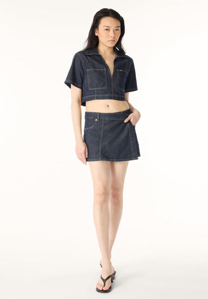 Buffalo Women Shirts Navy Woven Woven Short Sleeve Stretch Front Patch Pockets Contrast Stitching