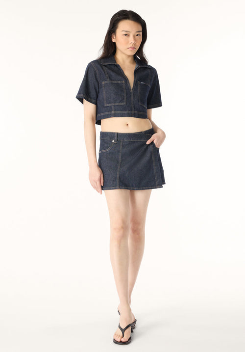 Buffalo Women Shirts Navy Woven Woven Short Sleeve Stretch Front Patch Pockets Contrast Stitching
